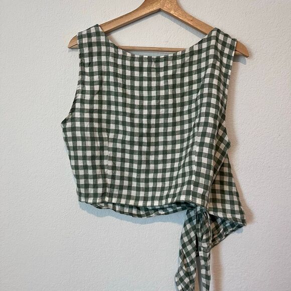 Linenfox Green Gingham Plaid Soja Linen Sleeveless Wrap Top Women's Size XXL NEW - Picture 4 of 5